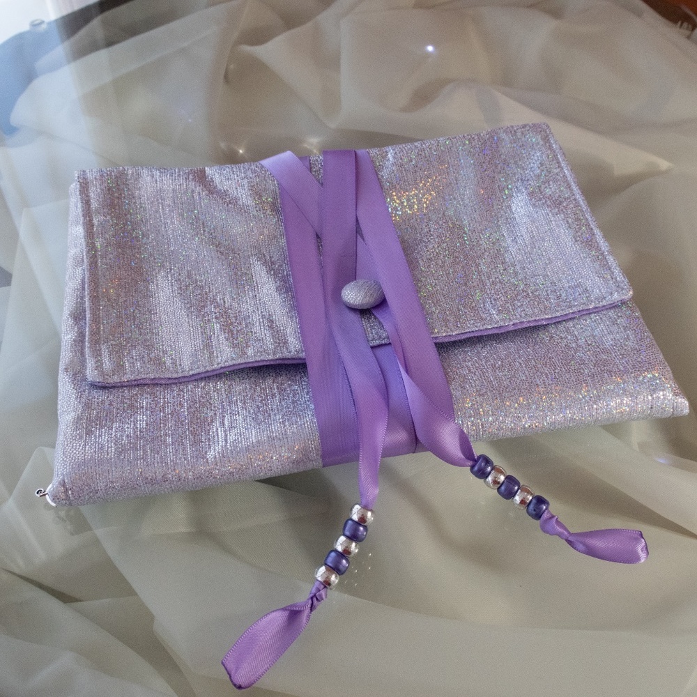 Silver Glitz And Lavender Satin Wrap For Jewelry, Card Deck, Reader Tablet